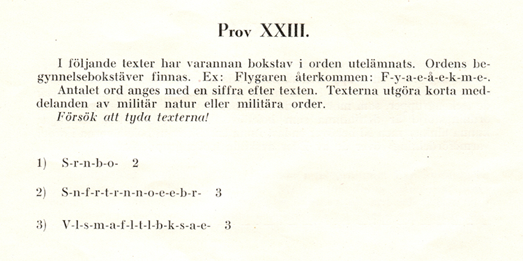 Faksimil på prov XXIII från 1942. Texten finns återgiven längre ed på denna webbsida.