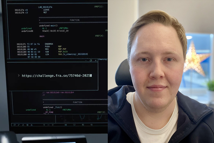 Kod på datorskärm och inklippt bild på leende man.