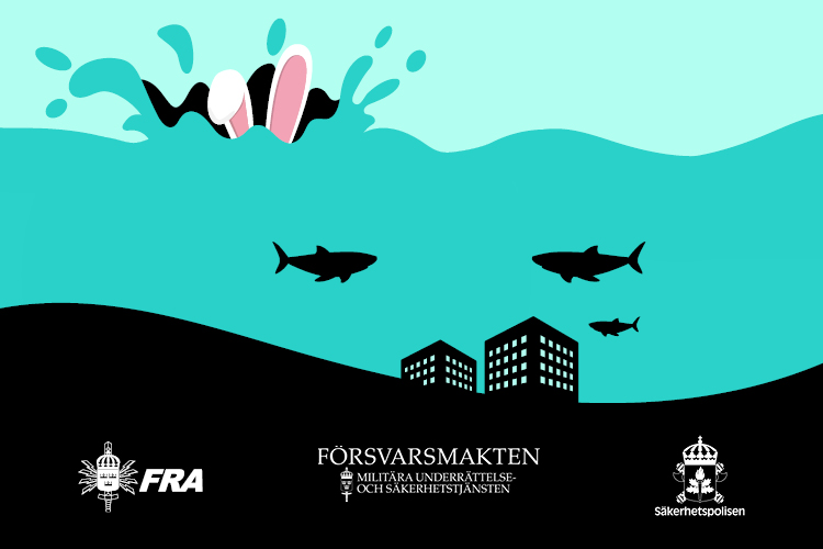 Grafik visandes höghus under vatten, simmande hajar, kaninöron vid ytan.