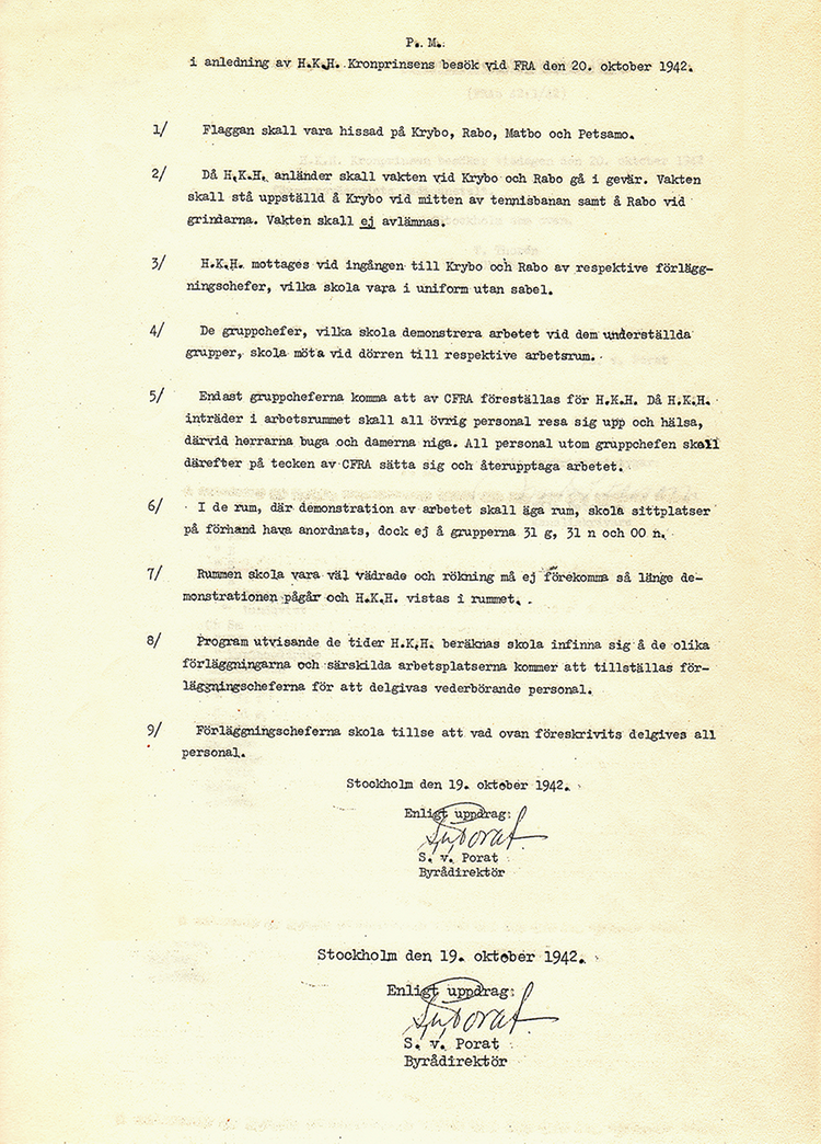 Faksimil av programmet för kronprins Gustaf Adolf besök på FRA 1942. Klicka på bilden för att förstora den.