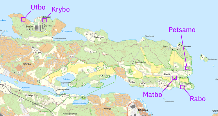 Karta över FRA:s anläggningar på Lidingö. Klicka på bilden för att förstora den.