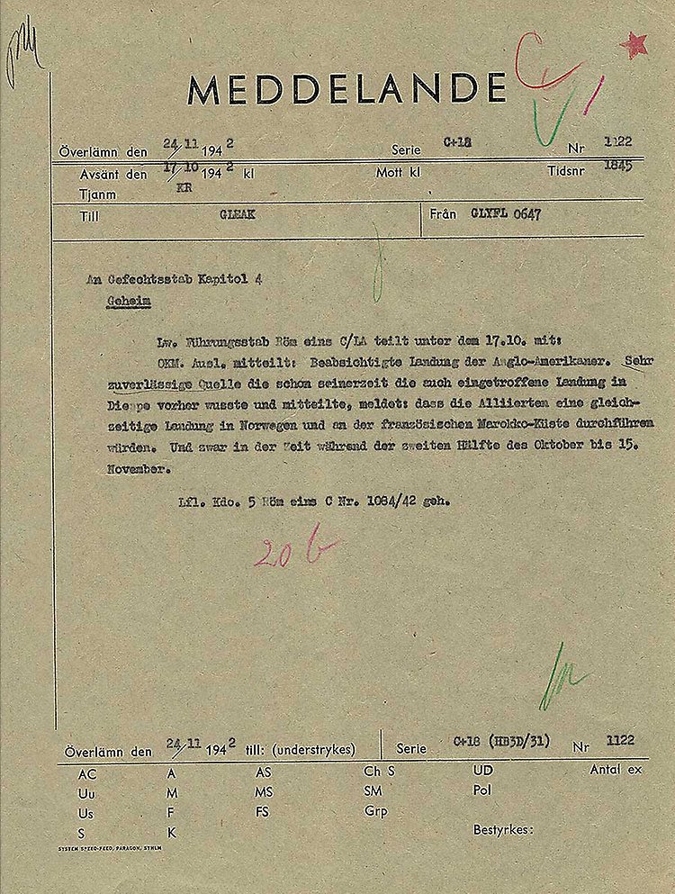 Faksimil av dokumentet Landung, bedömningar om tänkbara alierade landstigningar 1942. Klicka på bilden för att förstora den.