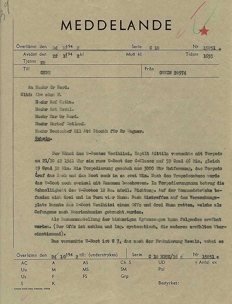 Faksimil av meddelandet att finska ubåten Vesihiisi sänkt en sovjetisk ubåt.